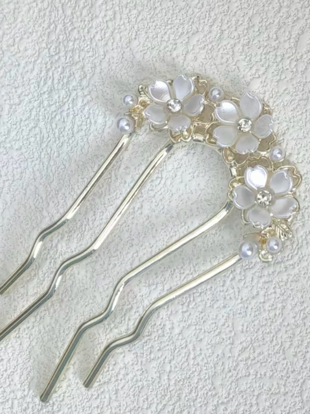 Gold Floral Pearl Hair Fork - White Flower Accents